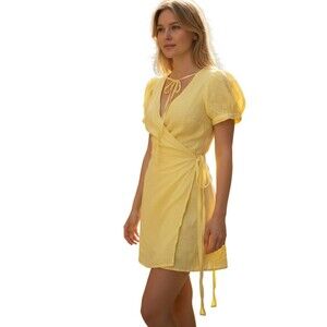LPA Revolve Women Wrap Mini Dress Yellow Size M 100% Linen Summer